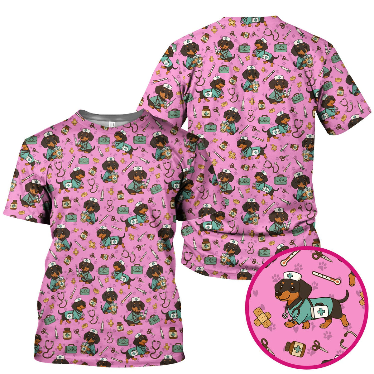 Funny Dachshund Nurse Scrubs - Cute Dog Print Medical Shirt - Holiday Nurse Scrub Top Gift for RN CNA Doctor, Women & Men