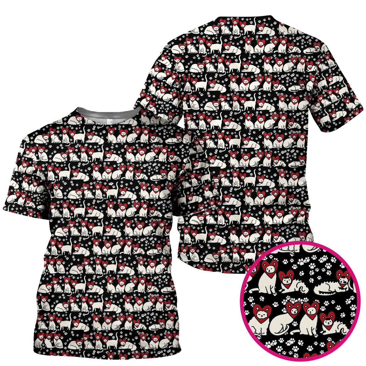 Cute Cat Heart Pattern Scrub Top, Funny Cat Scrub Shirt For Nurses, Breathable Fabrics Nursing Uniform
