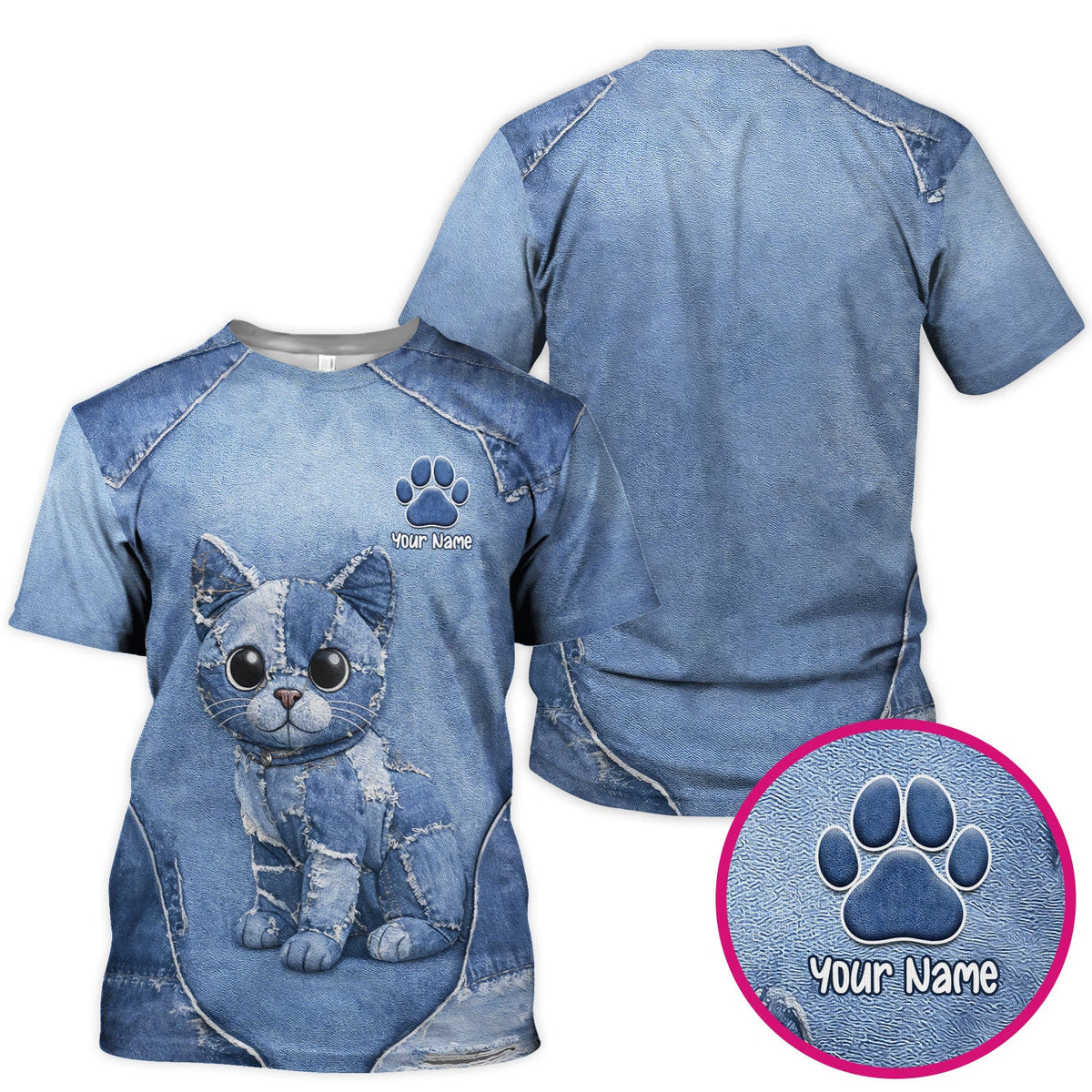 Personalized Patchwork Denim Cat Nurse Scrub Top