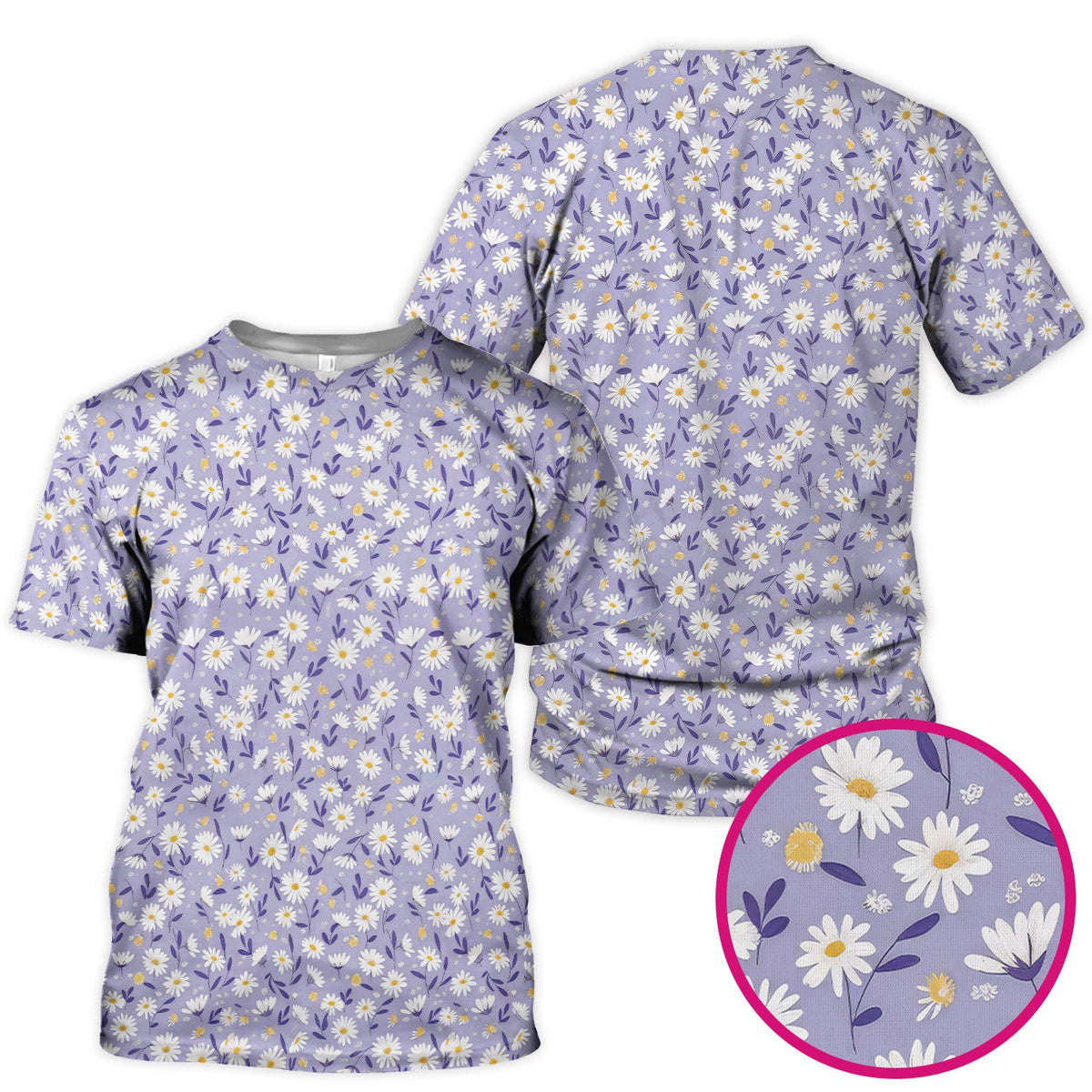 Cute Purple Daisy Botanical Print Scrub Top, Comfortable Scrubs For Nurses