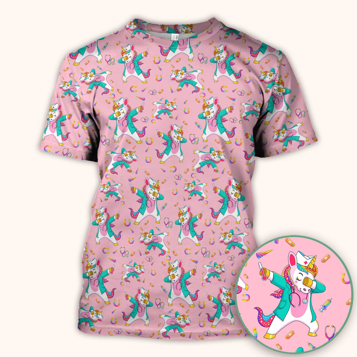 Cute Unicorn Nurse Dance Pattern Scrub Top, Breathable Fabrics Nursing Uniform