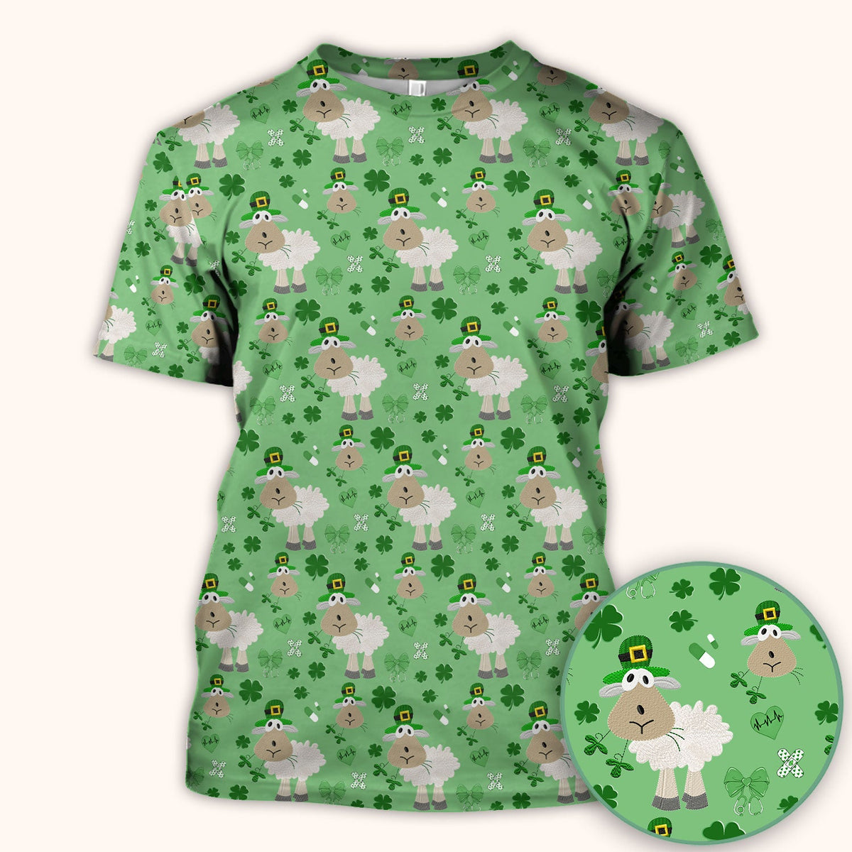 Nurse St. Patrick's Day Scrubs Top, Cute Sheep Shamrock Pattern Nurse Shirt, Breathable Fabrics Nursing Uniform