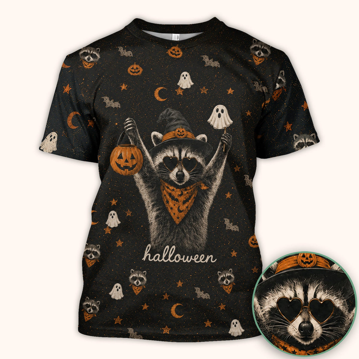 Ghost Pumpkin Raccoon Nurse Scrub Top - Halloween Gift