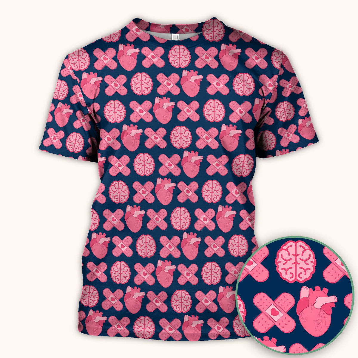 Heart & Brain Medical Icon Pattern Scrub Top, Breathable Fabrics Nursing Uniform