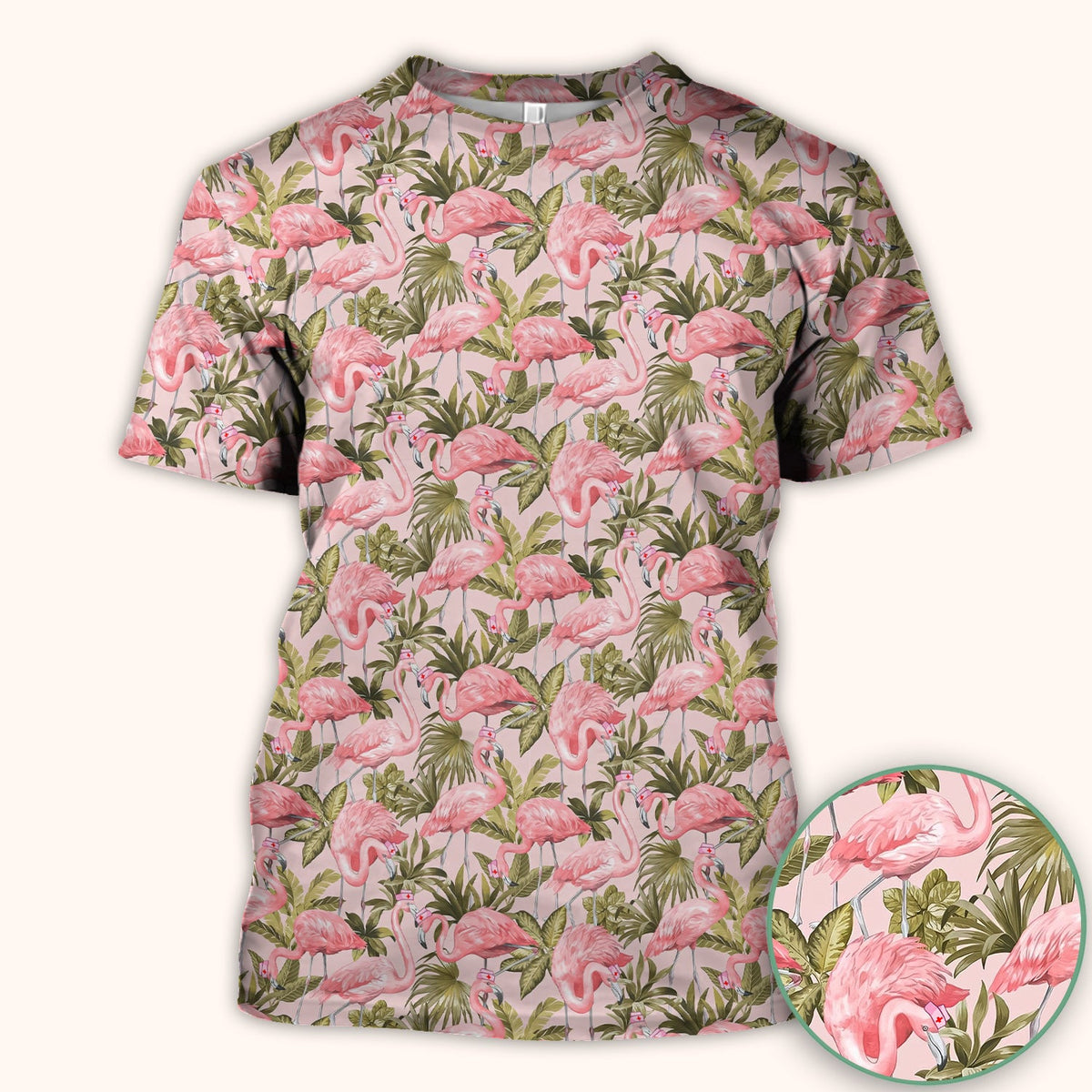 Pink Flamingo Jungle Leaves Nurse Scrub Top