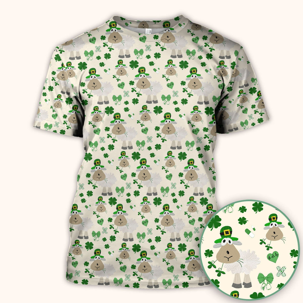 Nurse St. Patrick's Day Scrubs Top, Cute Sheep Shamrock Pattern Nurse Shirt, Breathable Fabrics Nursing Uniform