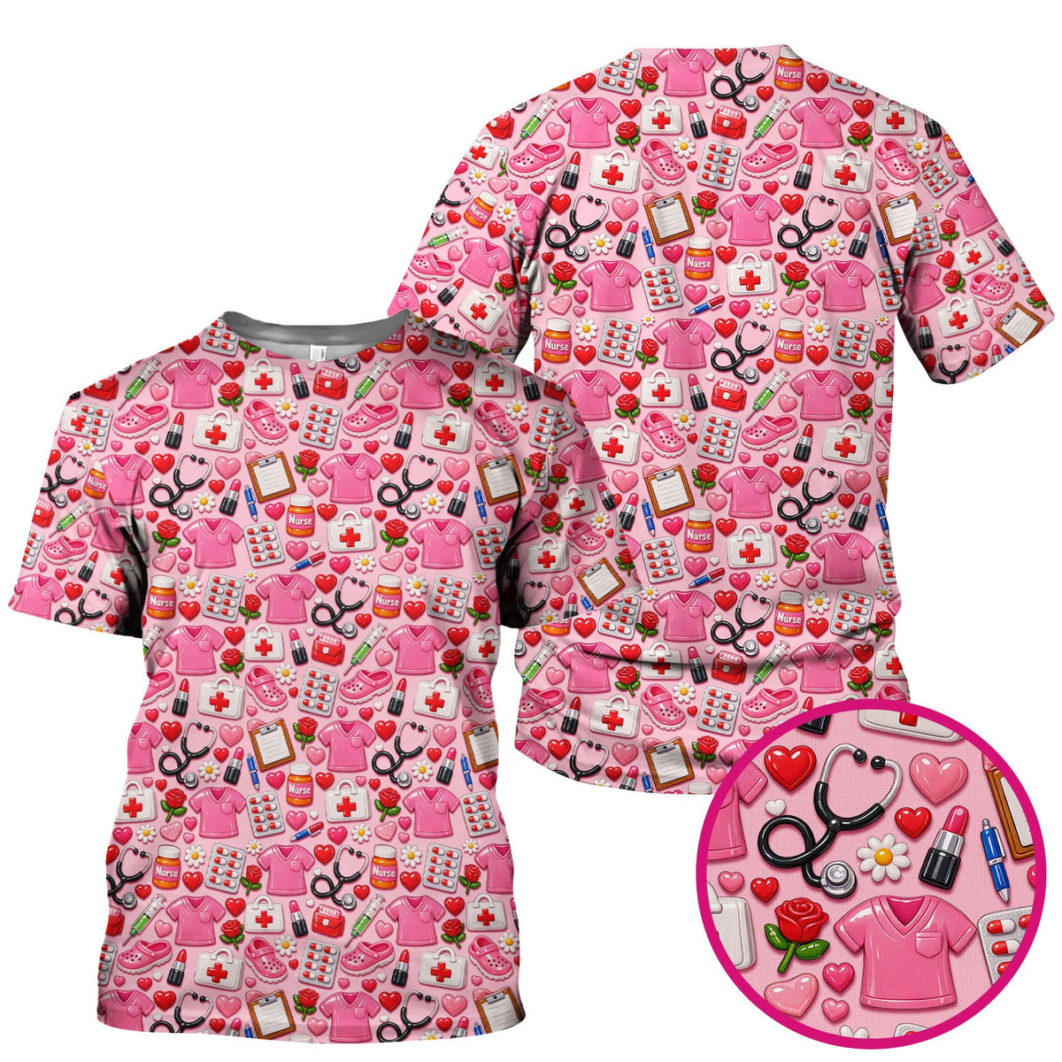 Medical Icons Scrub Top, Cute Pattern Nurse Shirt, Breathable Fabrics Nursing Uniform