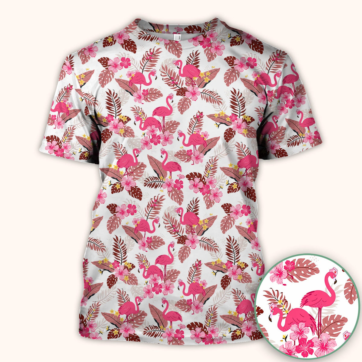 Pink Flamingo Tropical Floral Nurse Scrub Top