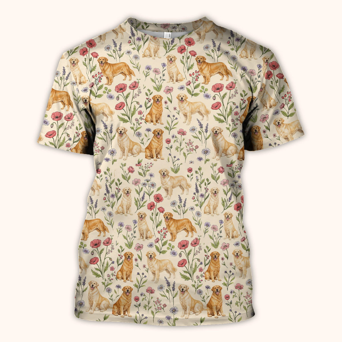 Cute Golden Retriever Floral Pattern Scrub Top, Breathable Fabrics Nursing Uniform