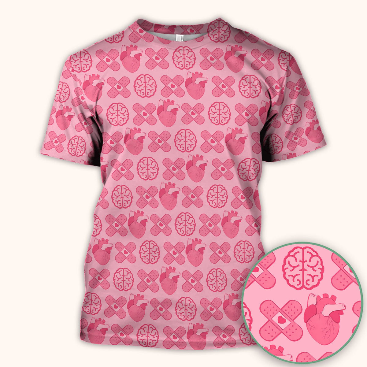 Heart & Brain Medical Icon Pattern Scrub Top, Breathable Fabrics Nursing Uniform