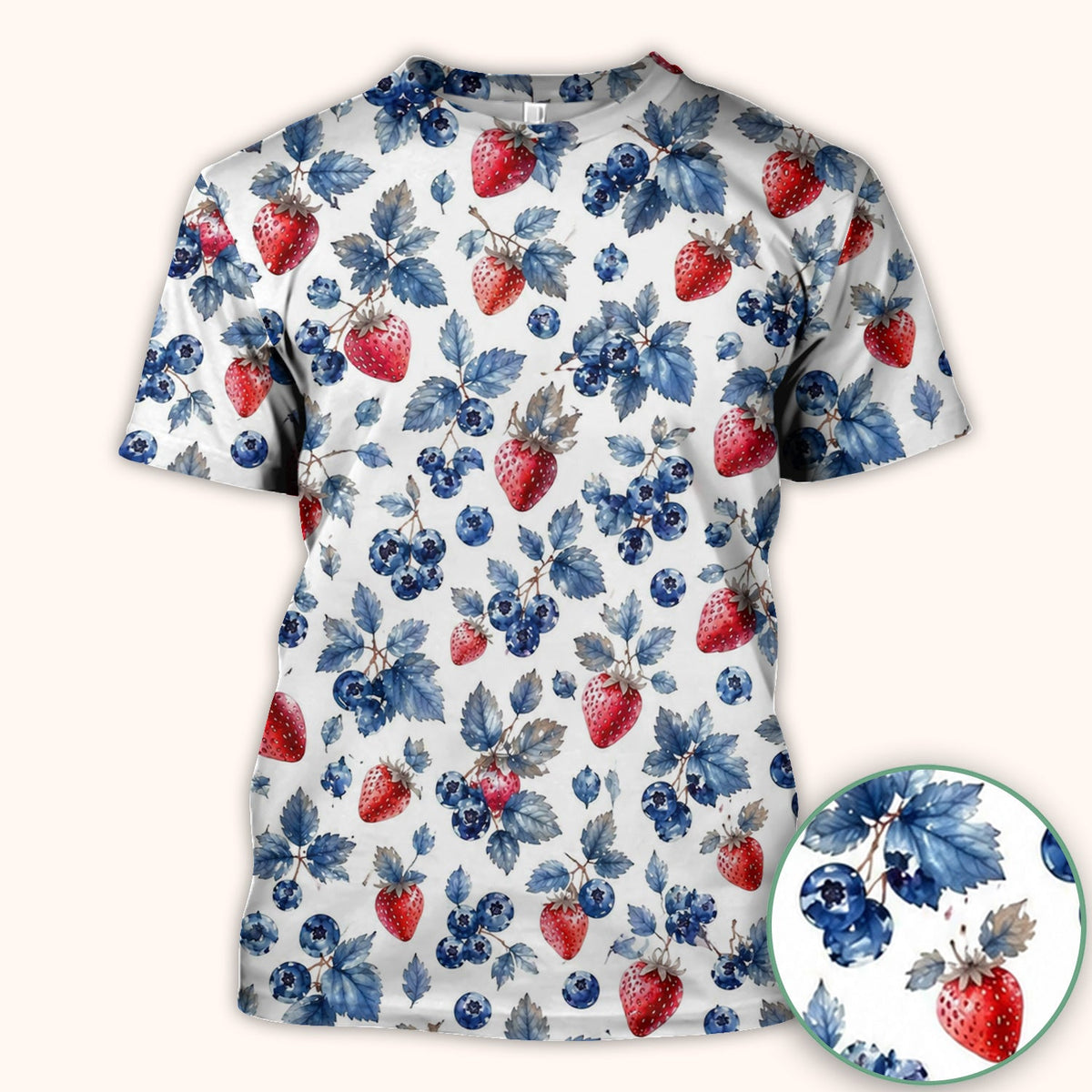 Cute Strawberry & Blueberry Leaf Pattern Scrub Top, Comfortable Scrubs for Nurses