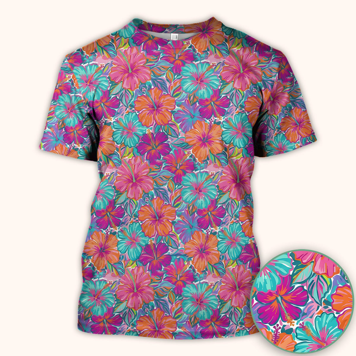 Vibrant Hibiscus Tropical Floral Pattern Scrub Top, Comfortable Scrubs for Nurses