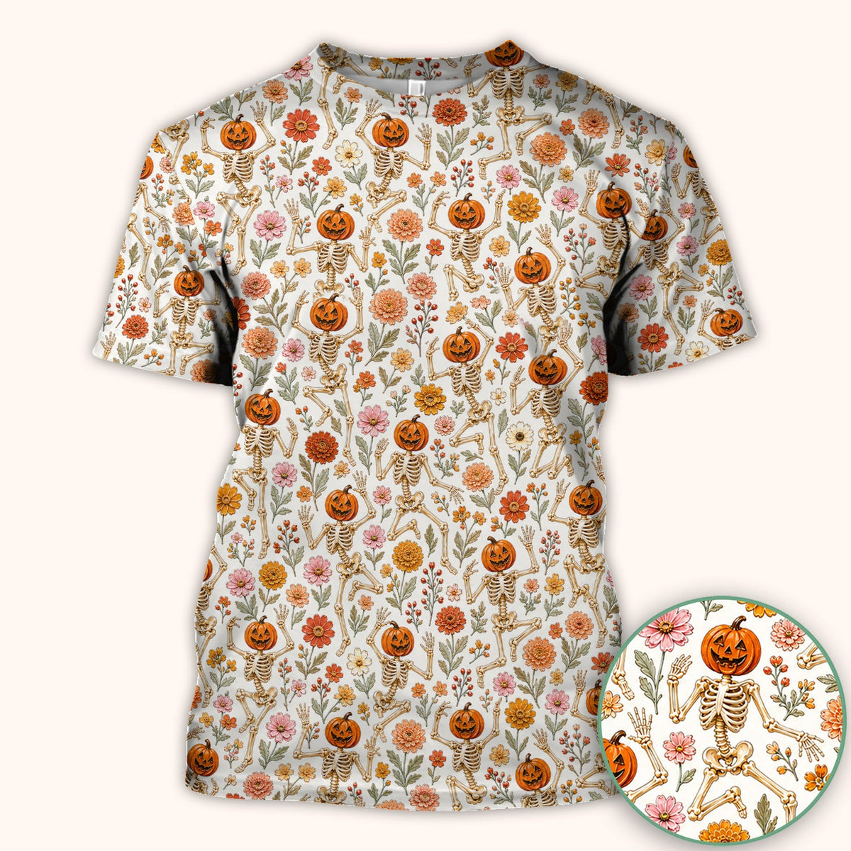 Pumpkin Skeleton Floral Nurse Scrub Top - Halloween Gift