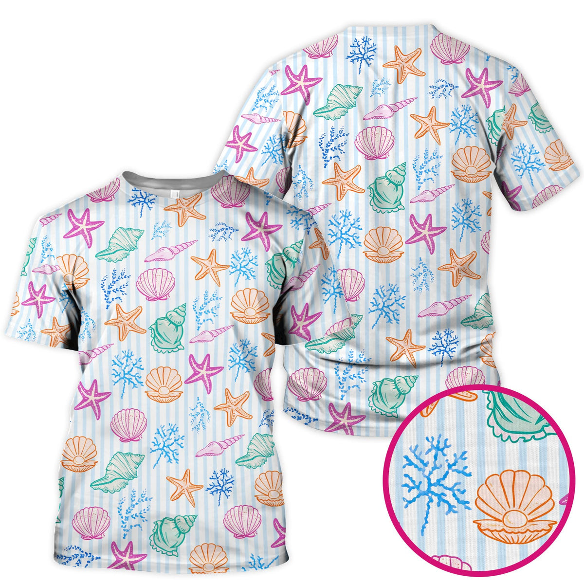 Colorful Seashell Starfish Ocean Stripe Nurse Scrub Top