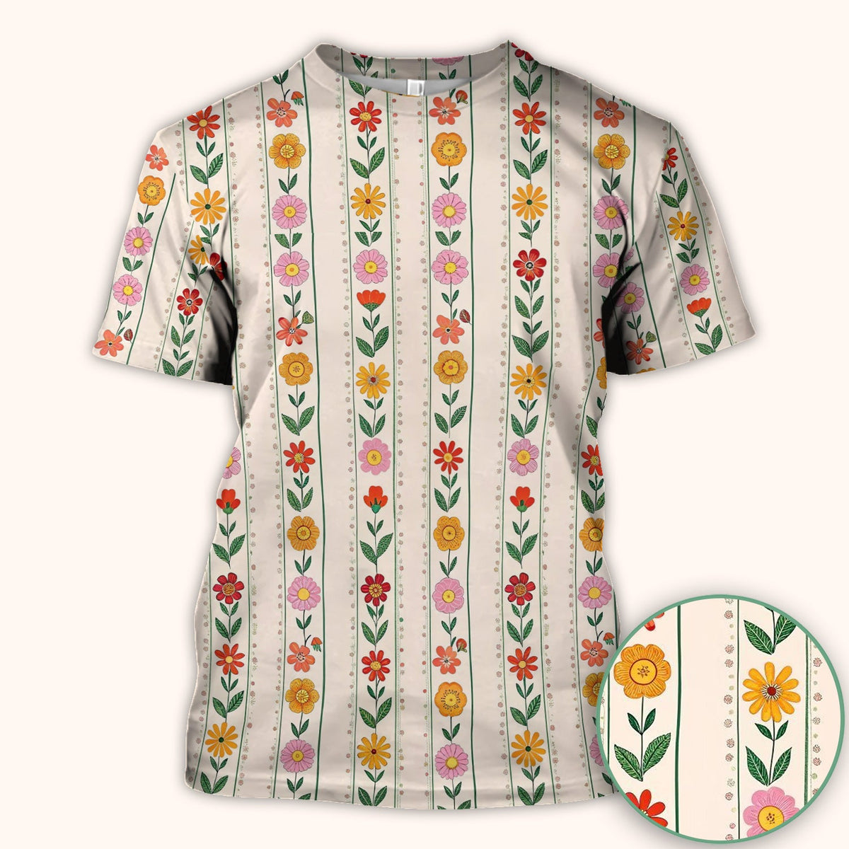 Retro Floral Stripe Garden Bloom Nurse Scrub Top
