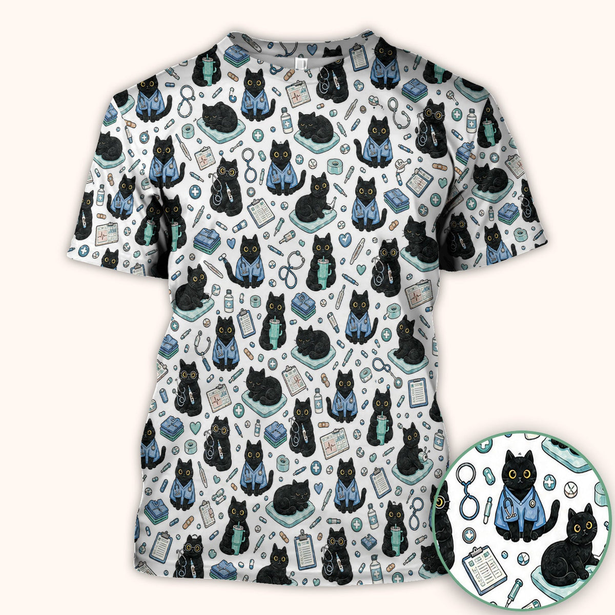 Black Cat Clinic Nurse Scrub Top