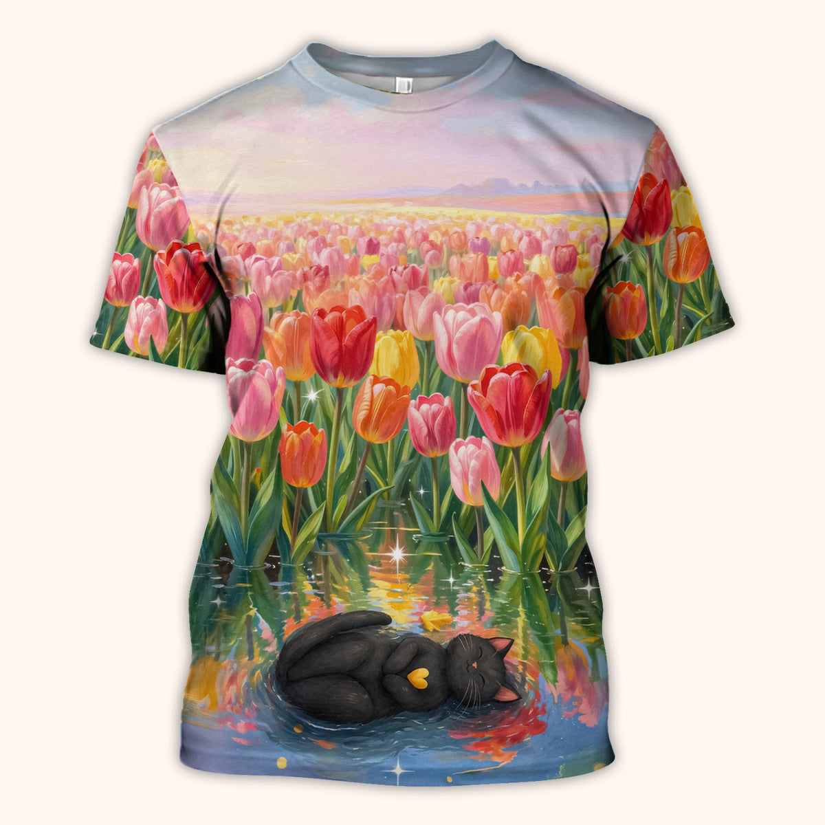 Sleeping Black Cat Tulip Field Nurse Scrub Top