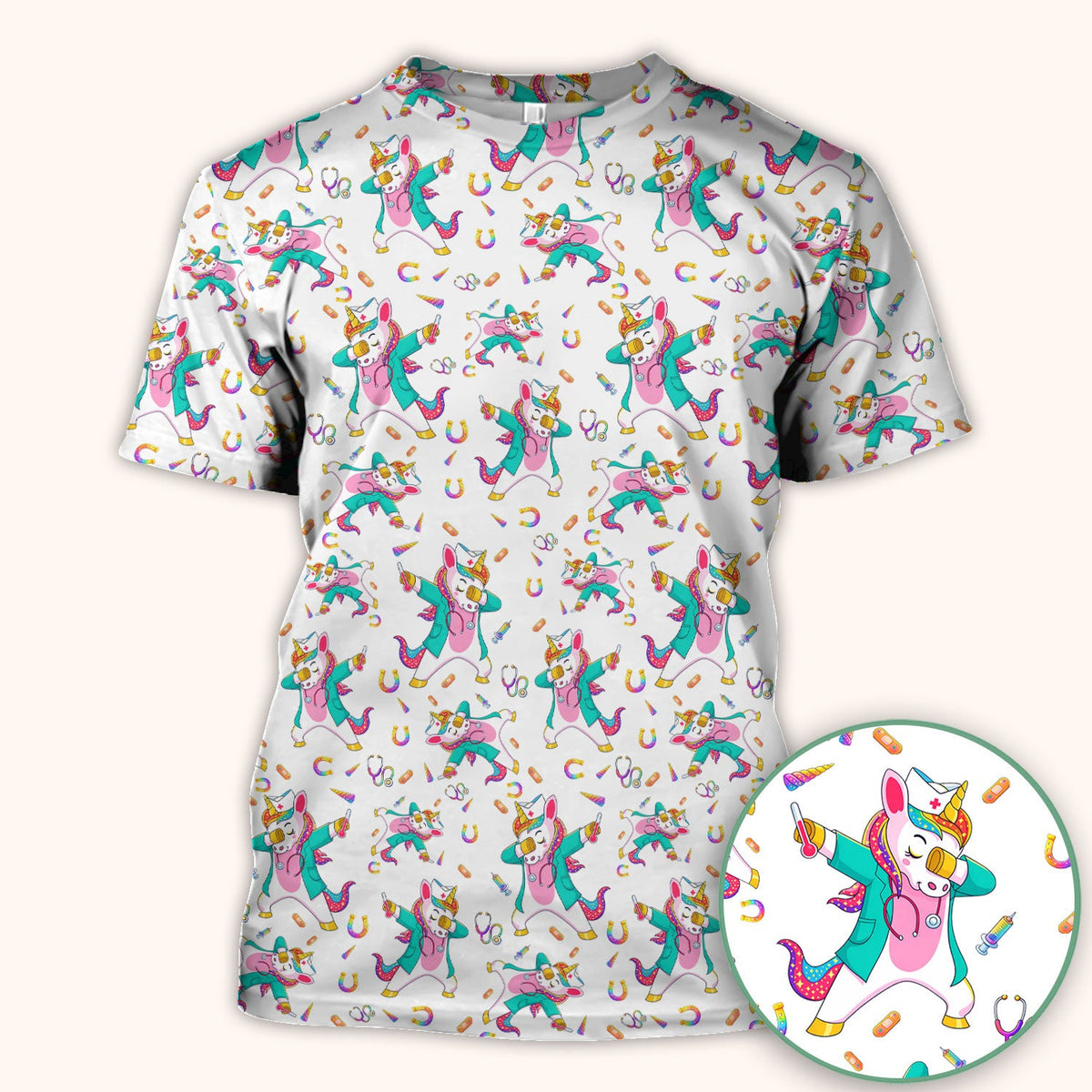 Cute Unicorn Nurse Dance Pattern Scrub Top, Breathable Fabrics Nursing Uniform