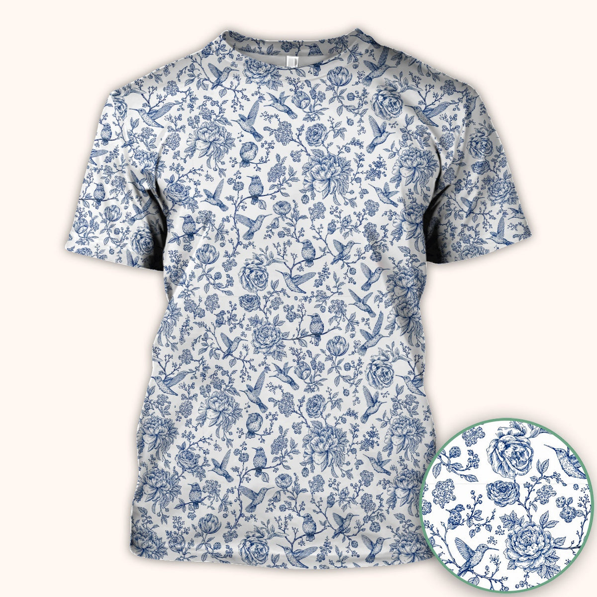 Blue Toile Hummingbird Floral Nurse Scrub Top