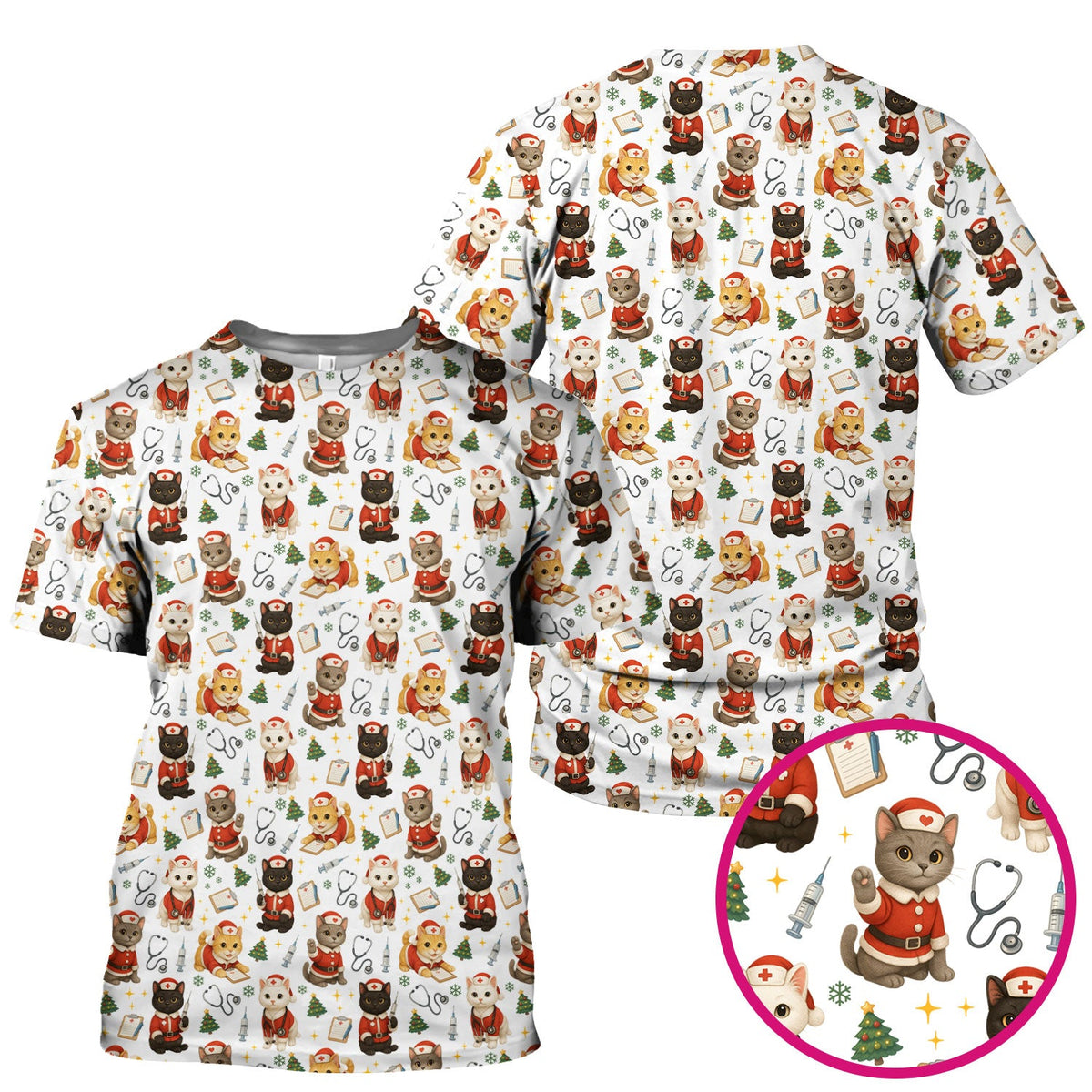 Funny Nurse Scrub Top for Women - Christmas Lucky Cat Design - Cute Holiday Nursing Shirt Gift for RN LPN CNA