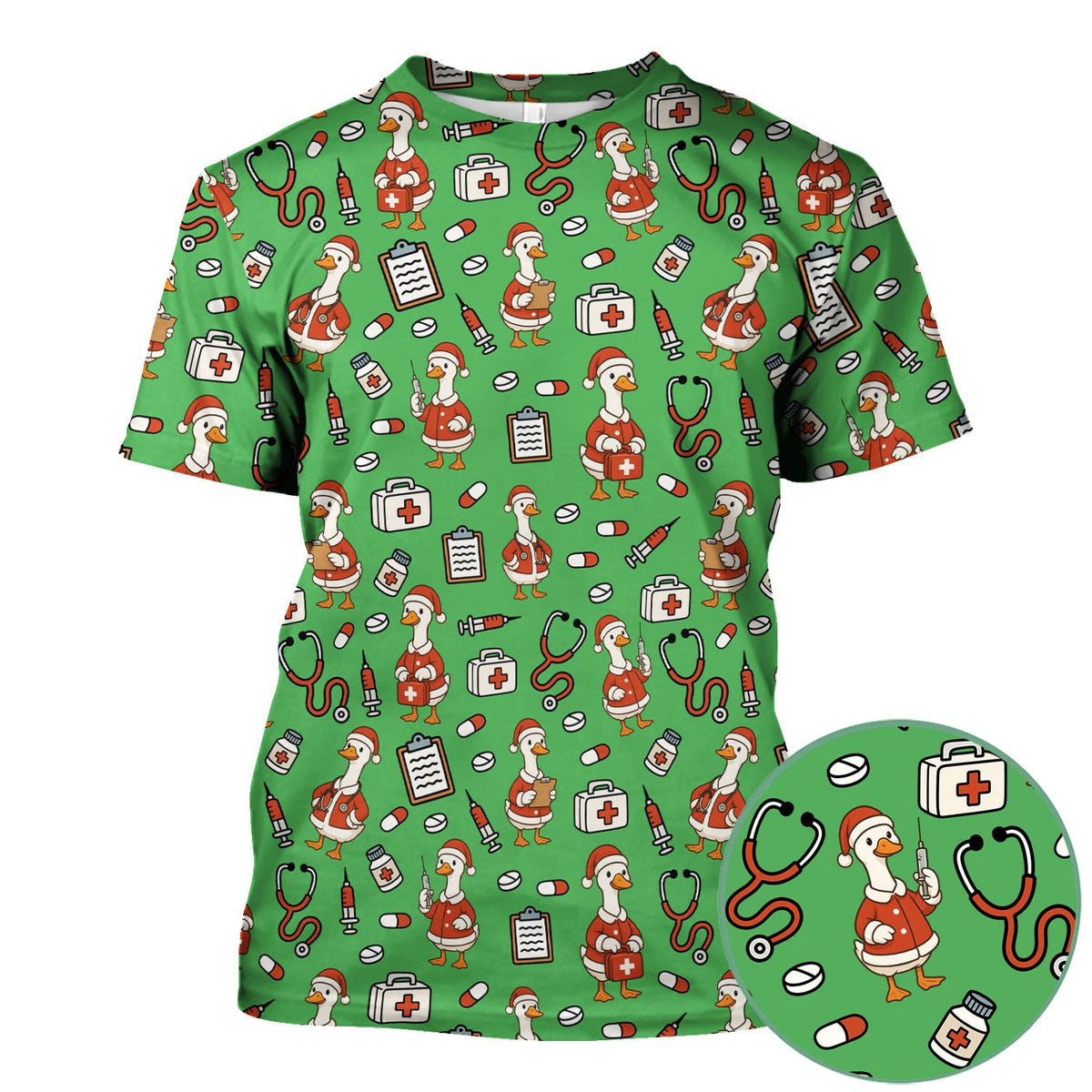 Santa Duck Nurse Scrubs - Christmas Print Medical Shirt for Women Men - Funny Holiday Scrub Top for RN CNA Doctor, Cute Xmas Gift