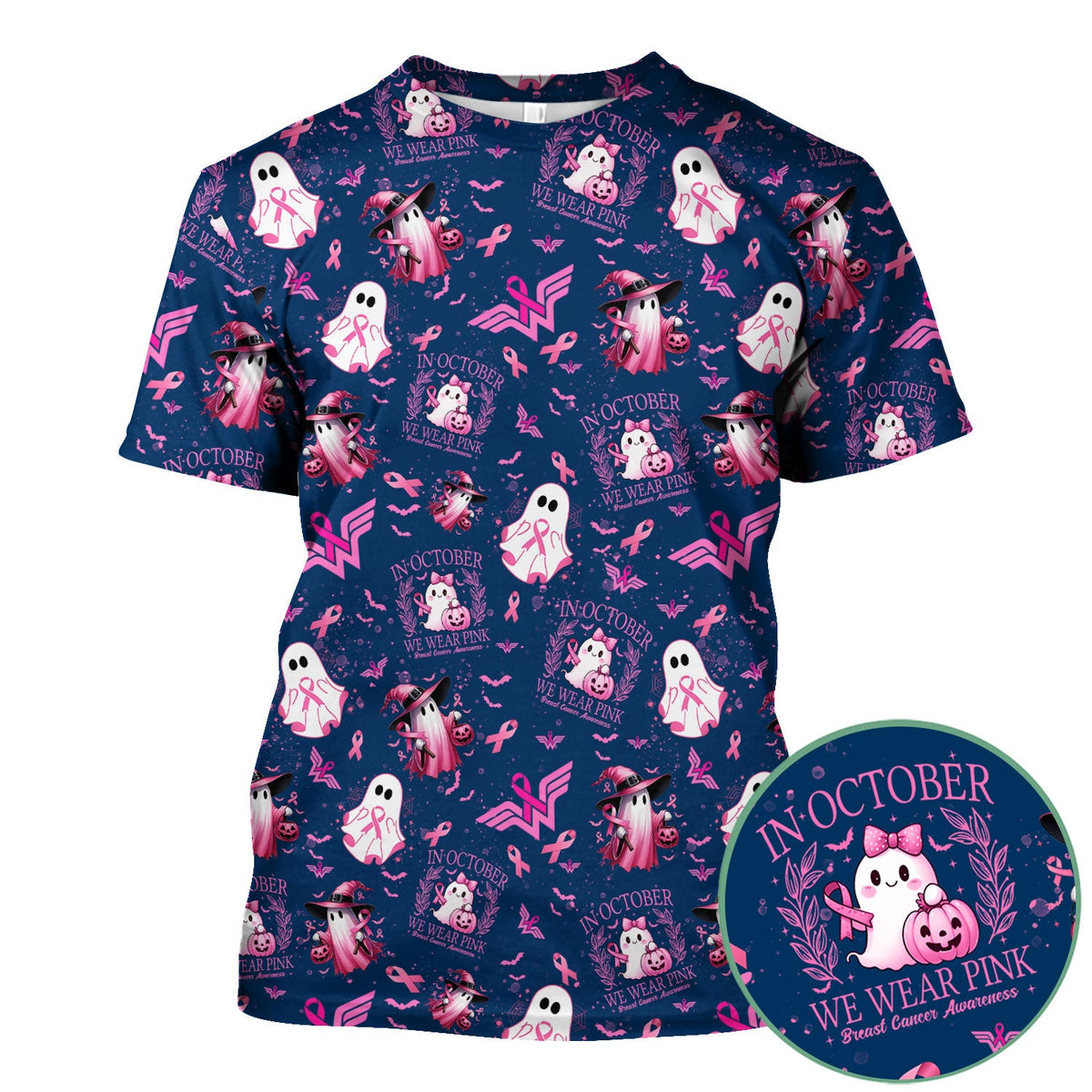 Pink Ribbon Ghost Witch Nurse Scrub Top - Breast Cancer Gift