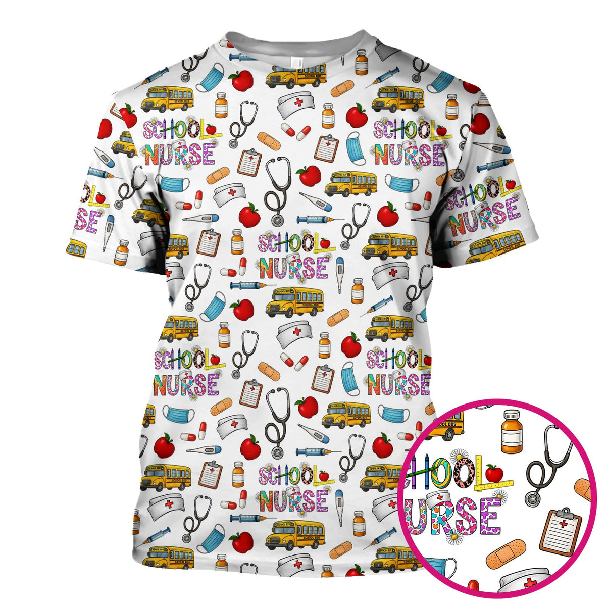 School Bus Stethoscope Nurse Scrub Top