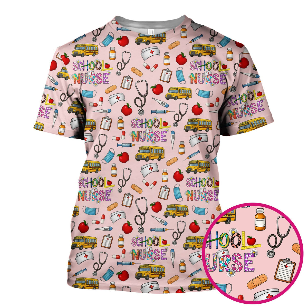 School Bus Stethoscope Nurse Scrub Top