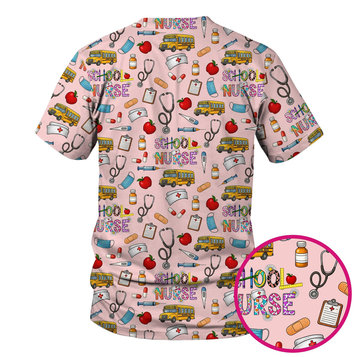 School Bus Stethoscope Nurse Scrub Top