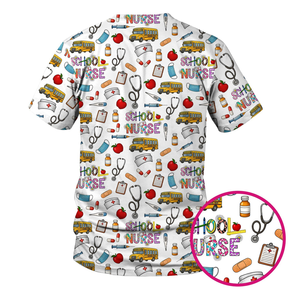 School Bus Stethoscope Nurse Scrub Top