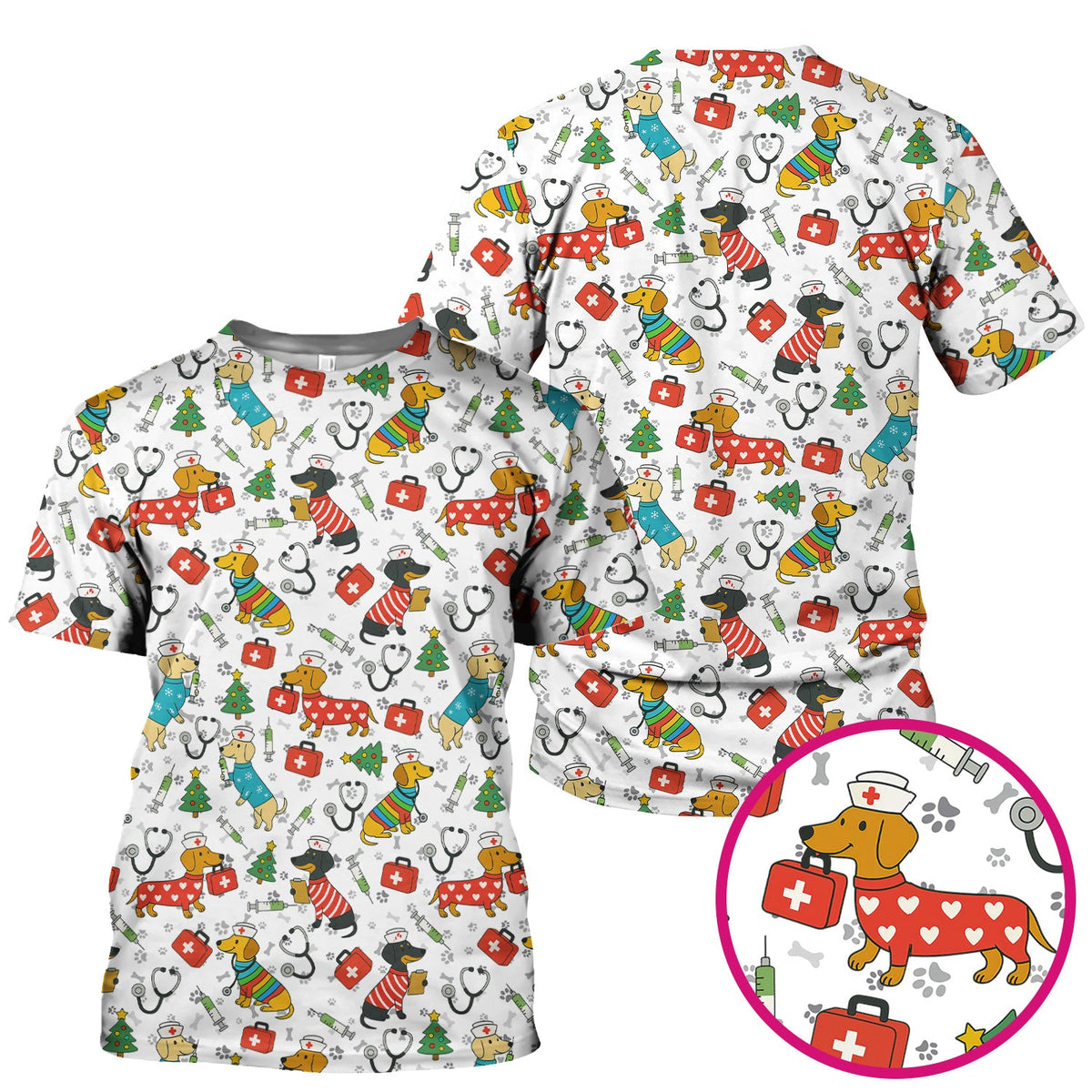 Christmas Dachshund Nurse Scrub Top