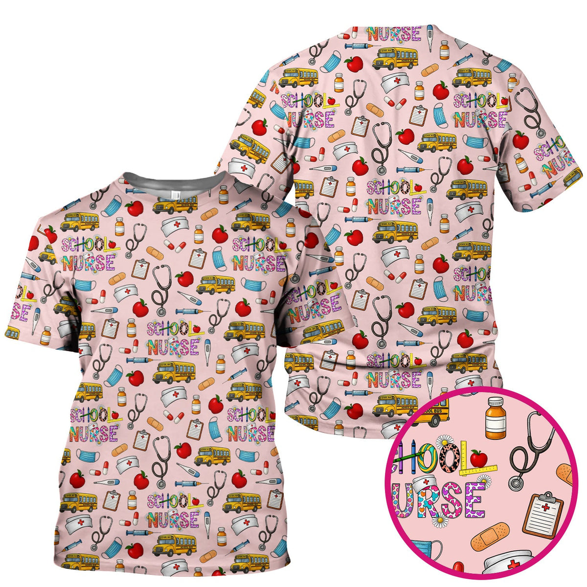 School Bus Stethoscope Nurse Scrub Top
