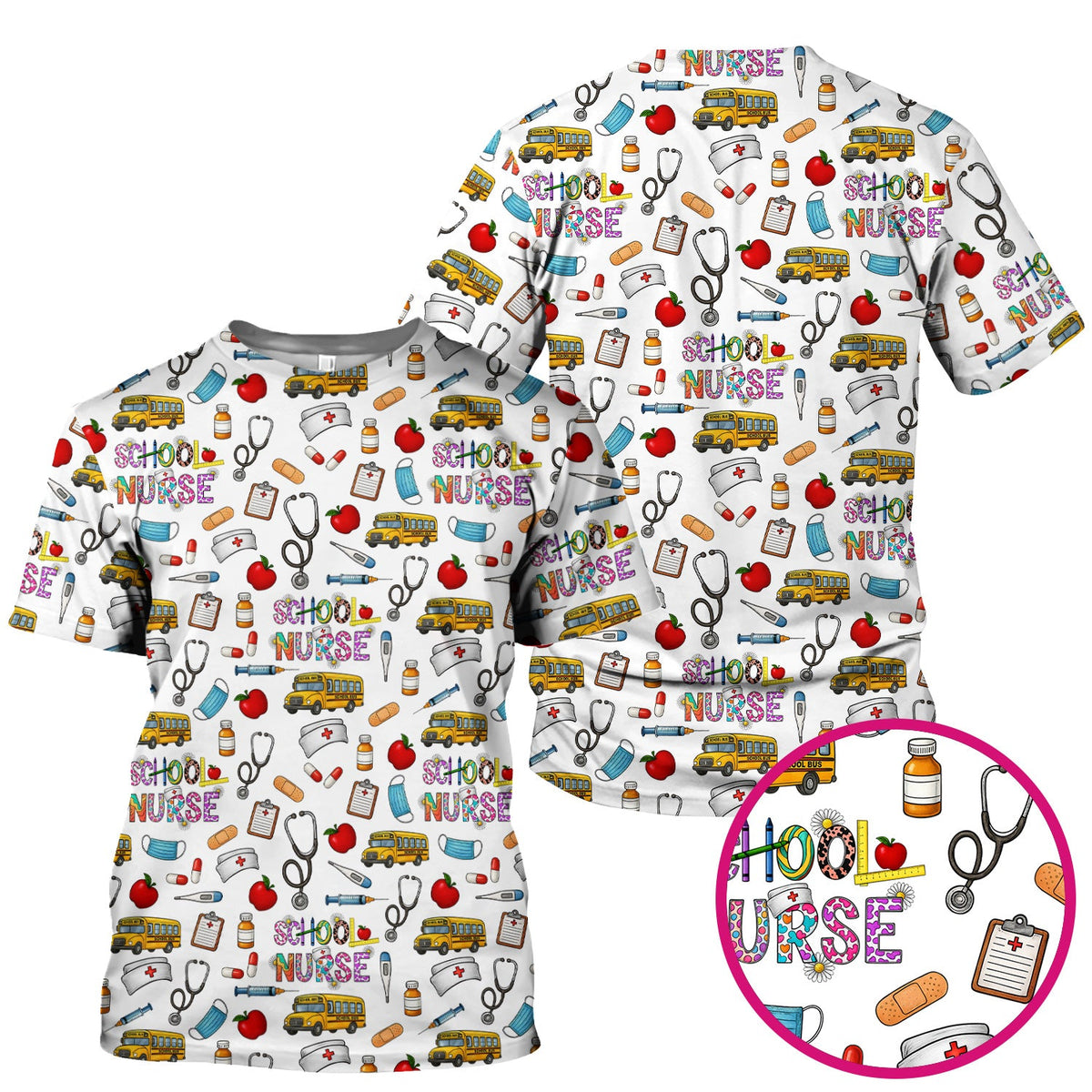 School Bus Stethoscope Nurse Scrub Top