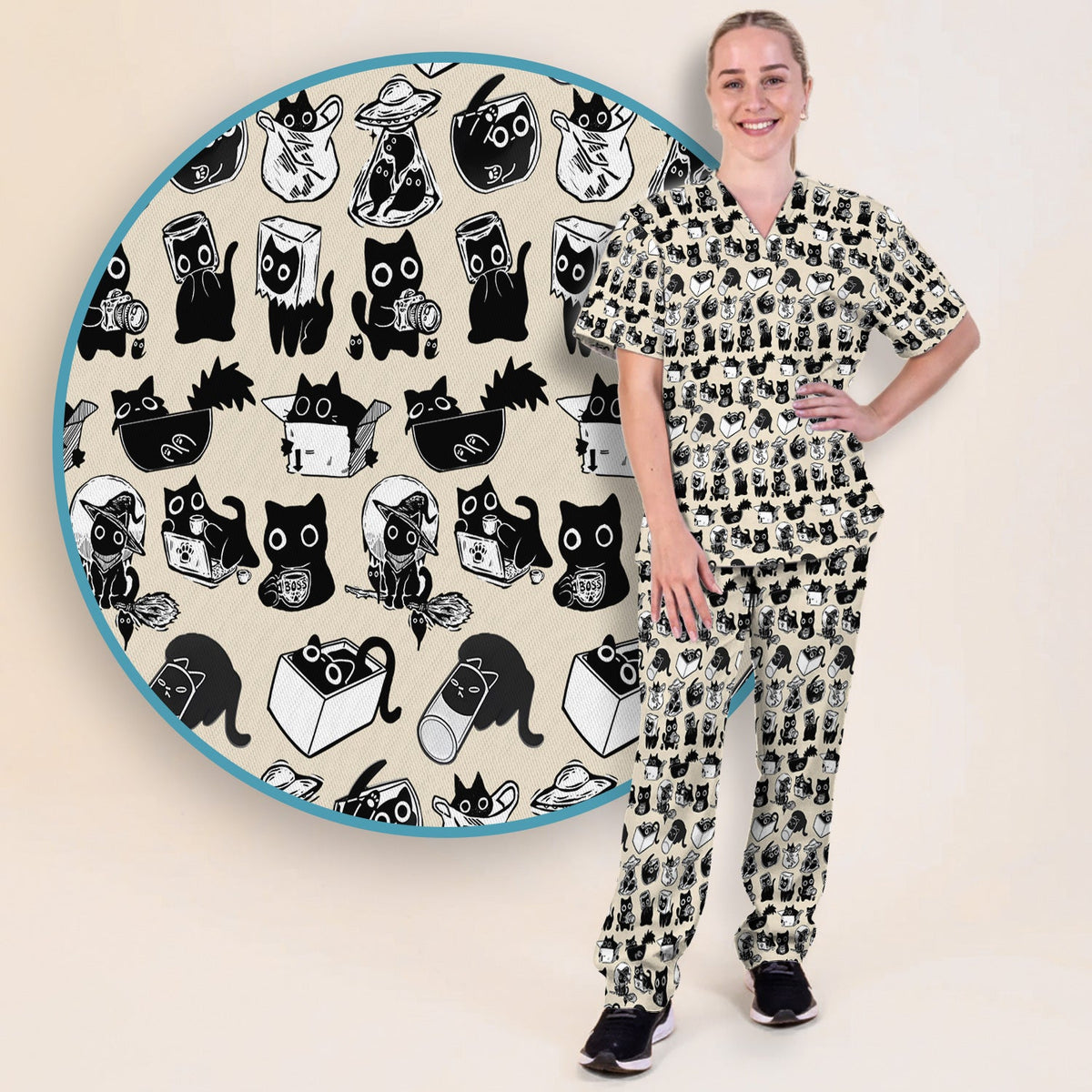 Black Cat Halloween Doodle Nurse Scrub Set