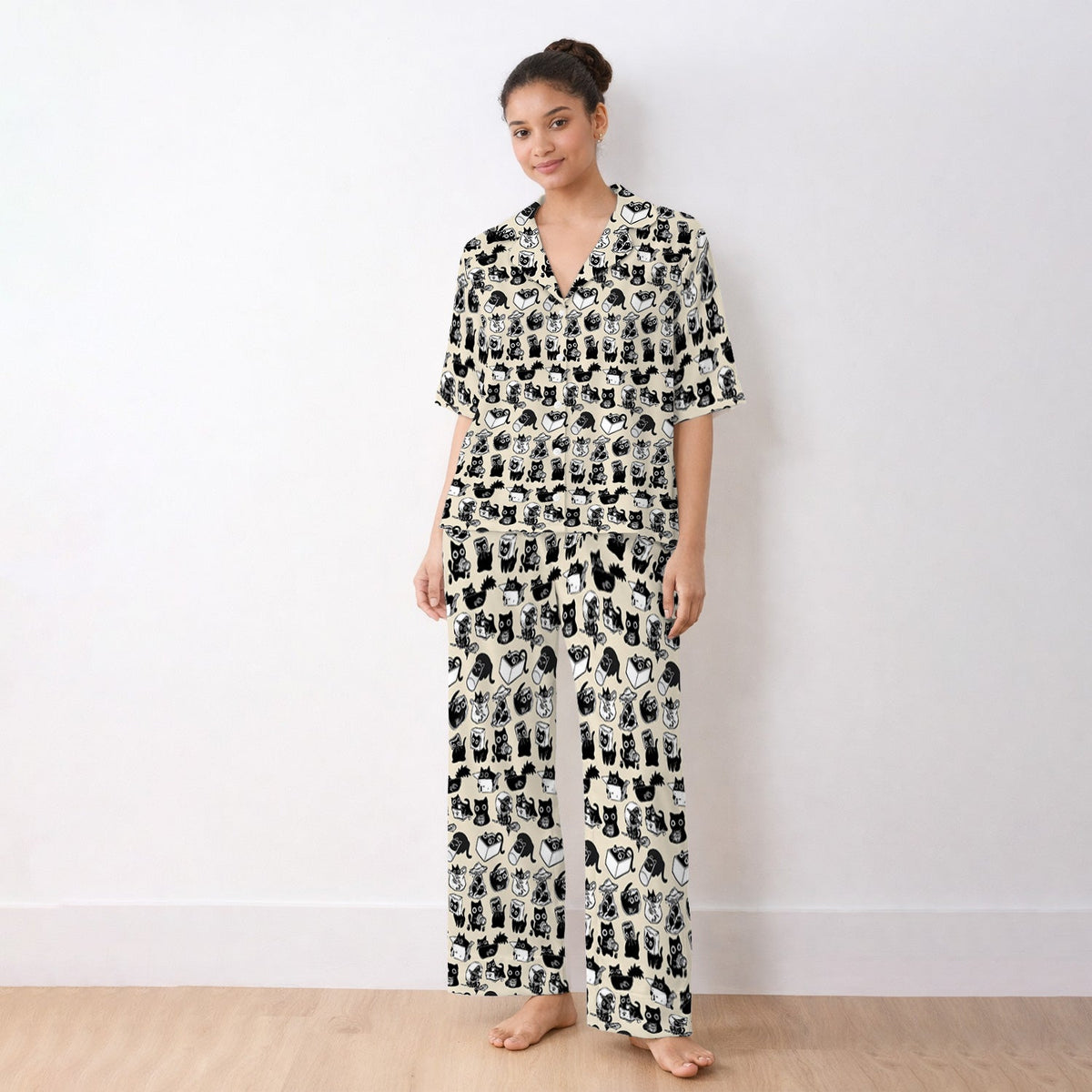 Black Cat Halloween Doodle Pajama Set
