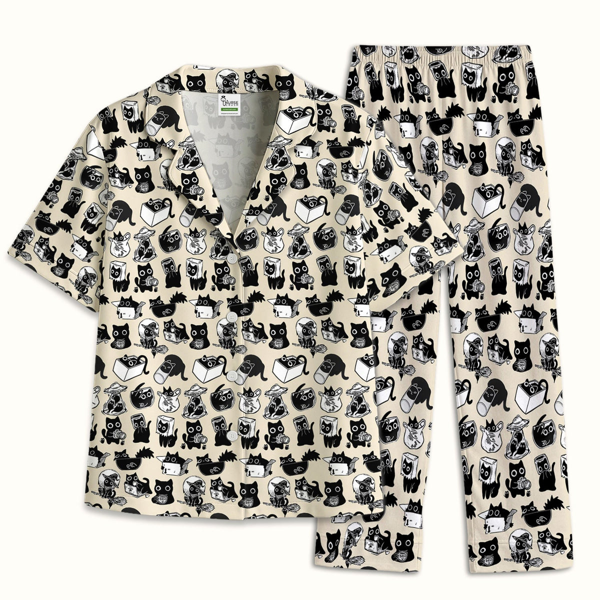 Black Cat Halloween Doodle Pajama Set