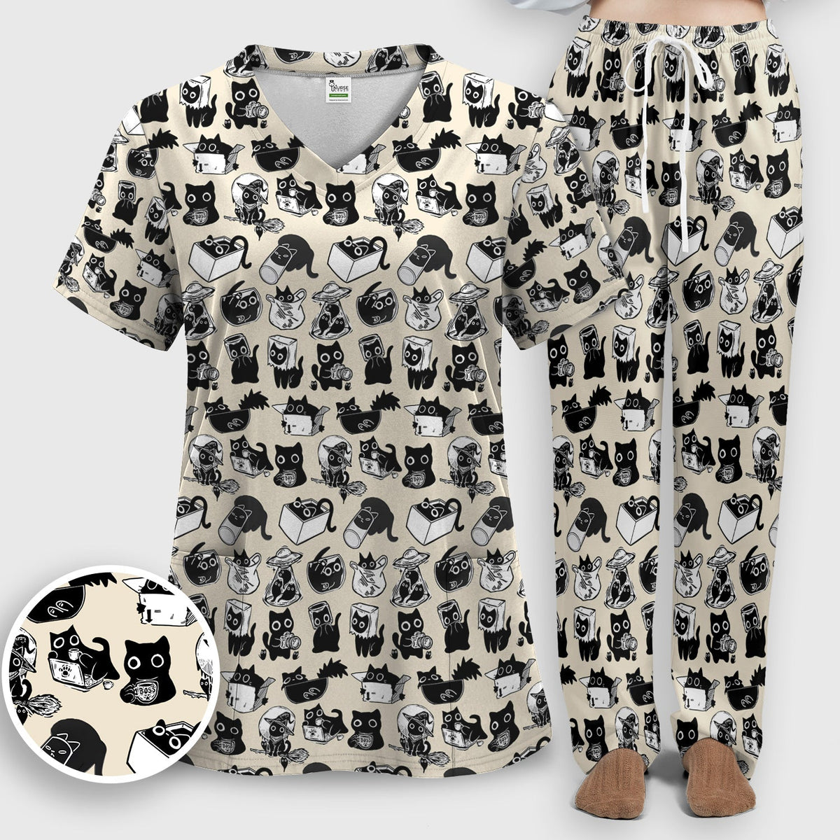 Black Cat Halloween Doodle Nurse Scrub Set