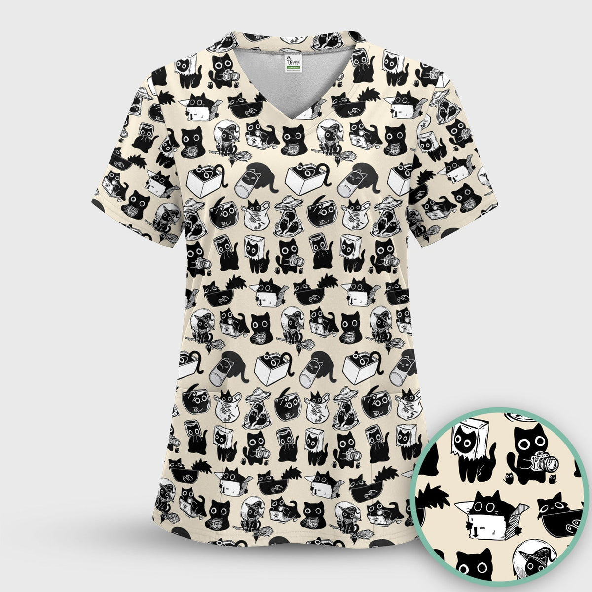 Black Cat Halloween Doodle Pattern Scrub Top, Comfortable Scrubs for Nurses