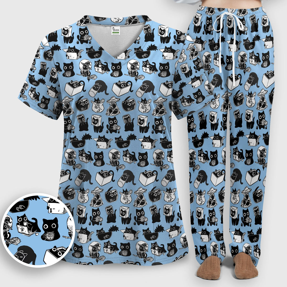 Black Cat Halloween Doodle Nurse Scrub Set