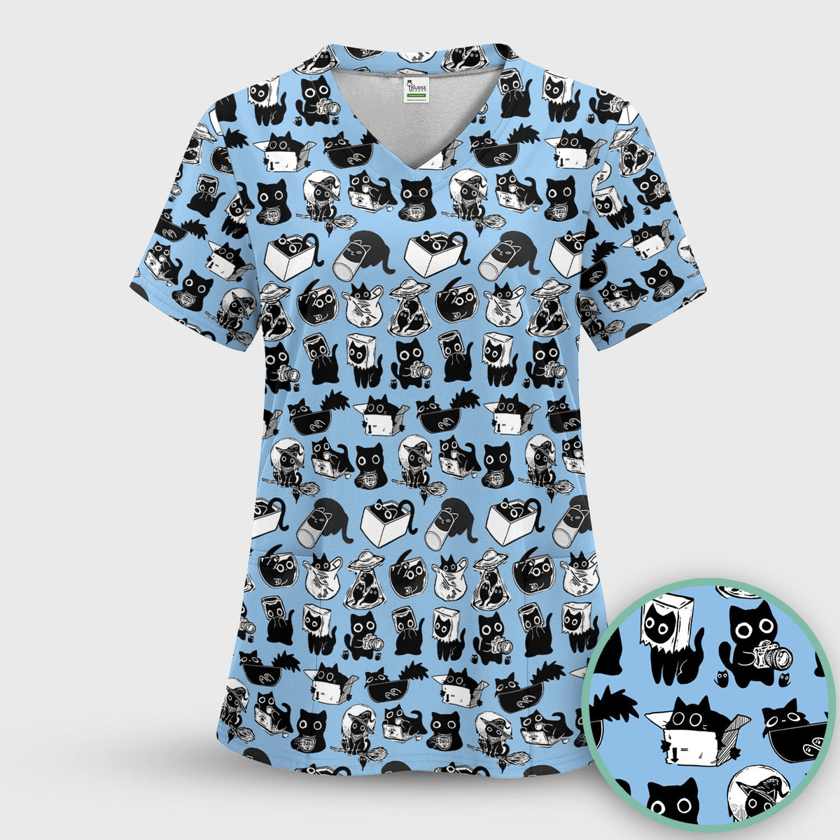Black Cat Halloween Doodle Pattern Scrub Top, Comfortable Scrubs for Nurses