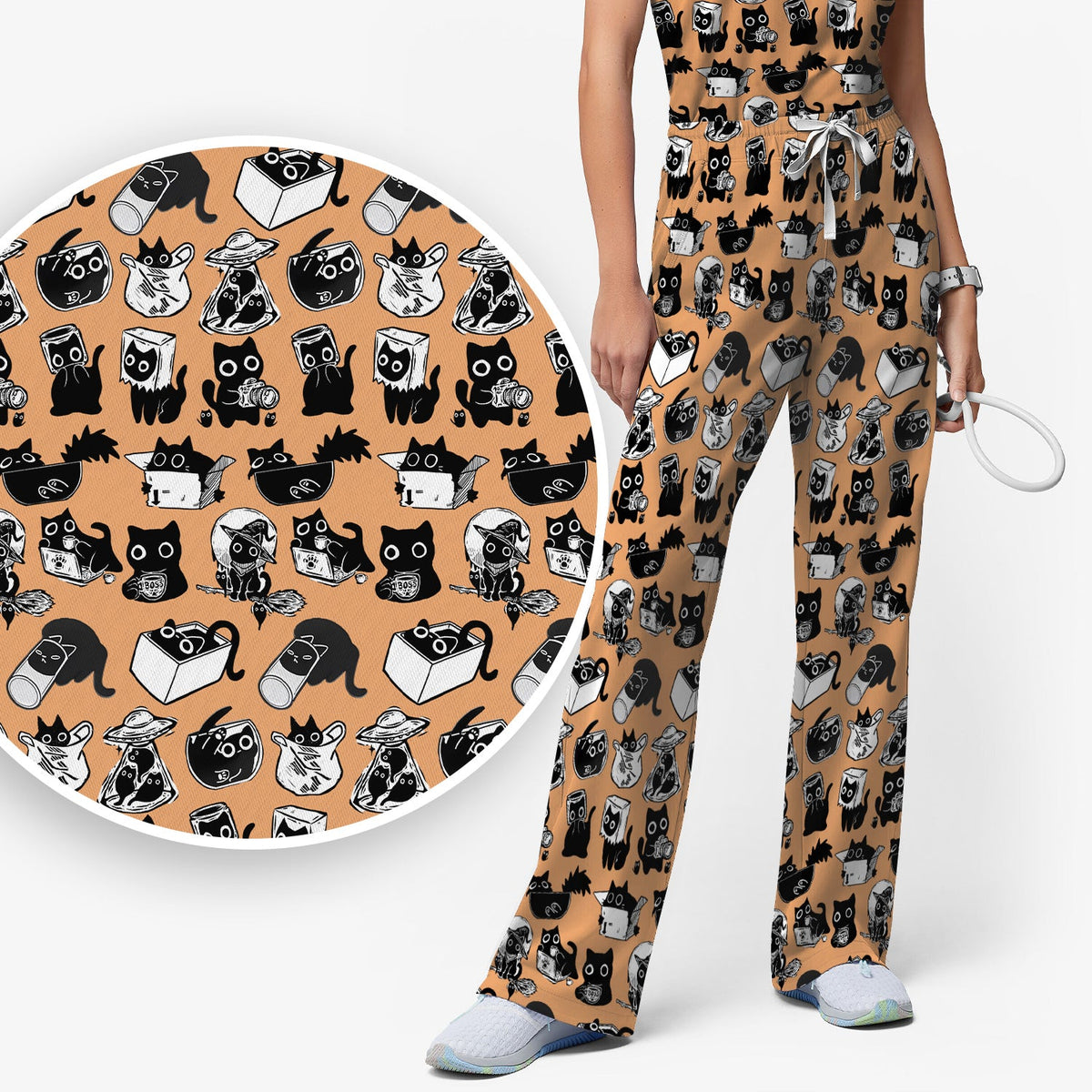 Black Cat Halloween Doodle Nurse Scrub Set