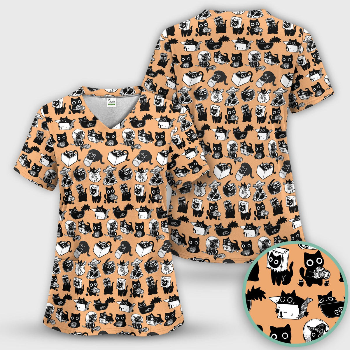 Black Cat Halloween Doodle Nurse Scrub Set