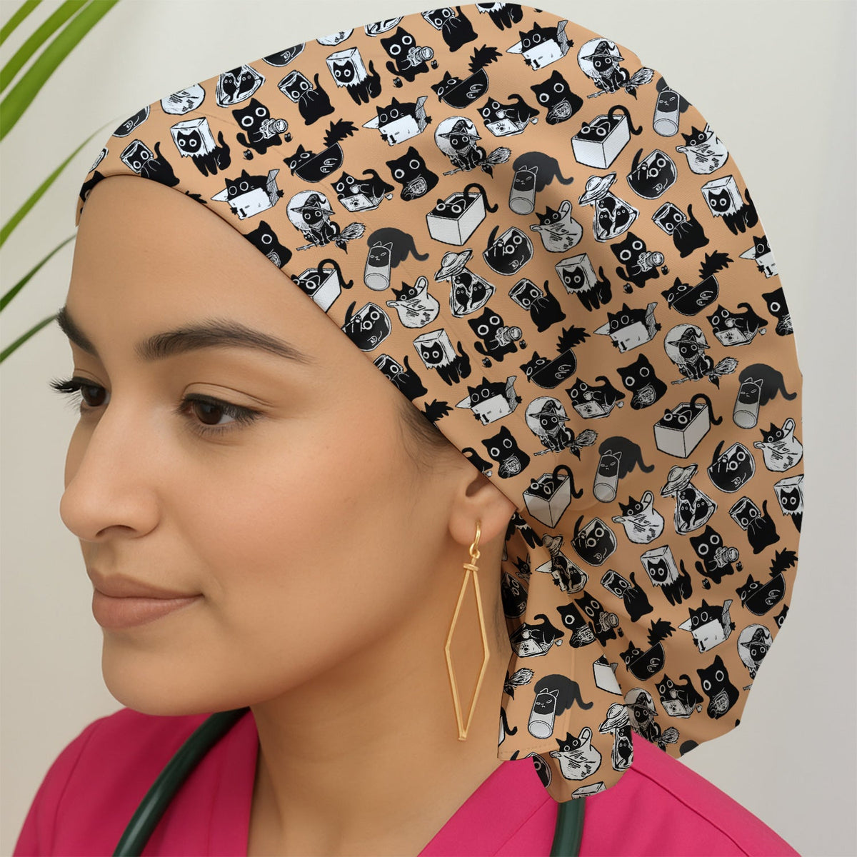 Black Cat Halloween Doodle Scrub Cap