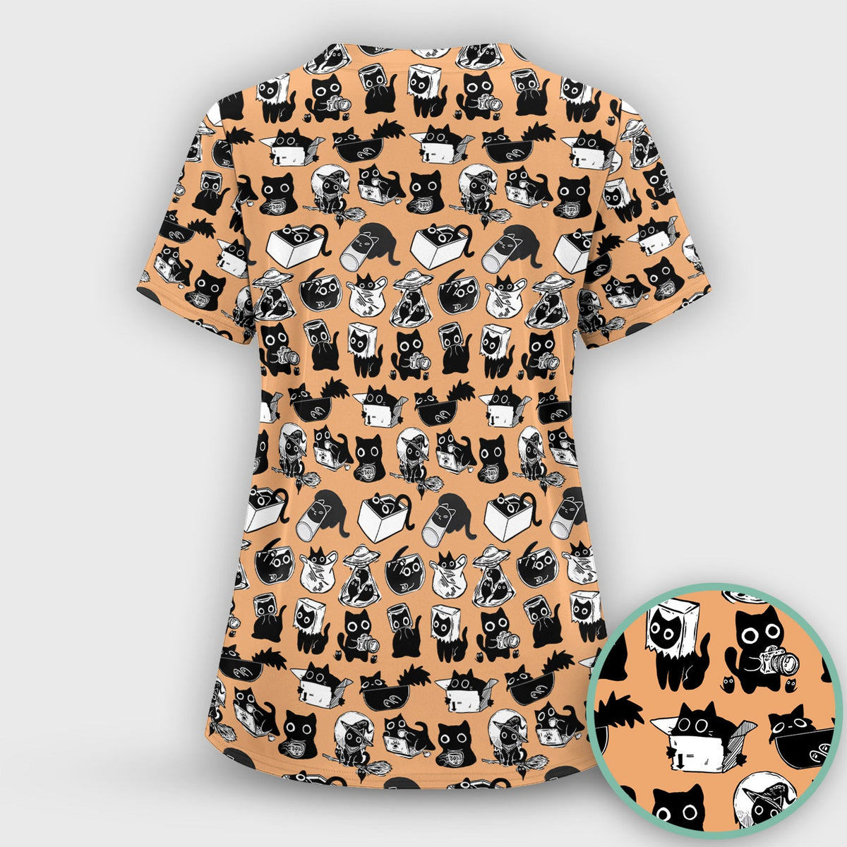Black Cat Halloween Doodle Pattern Scrub Top, Comfortable Scrubs for Nurses