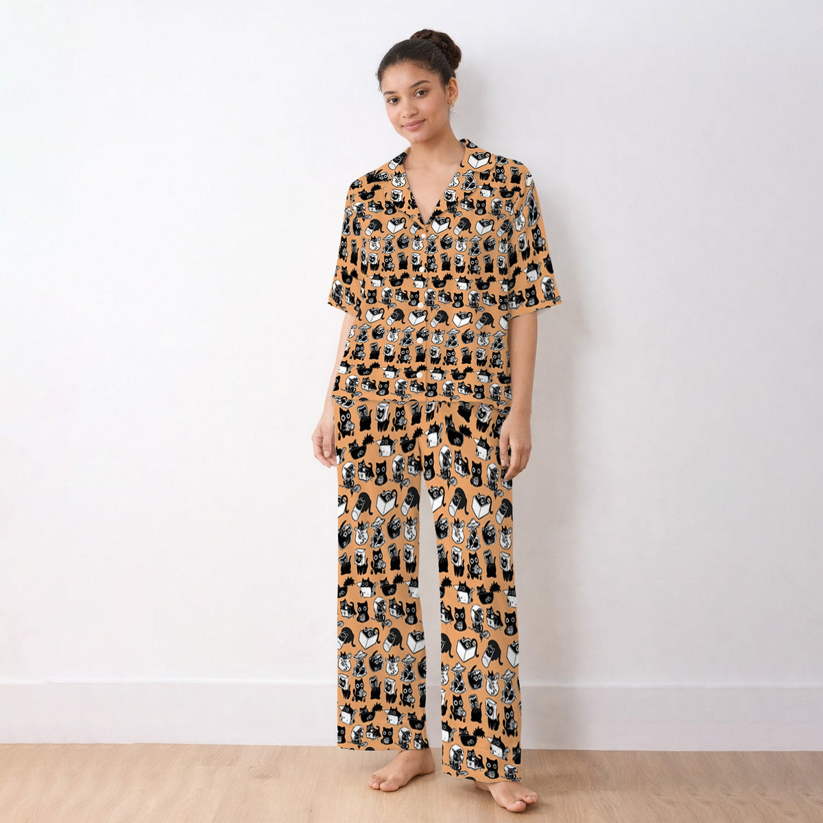 Black Cat Halloween Doodle Pajama Set