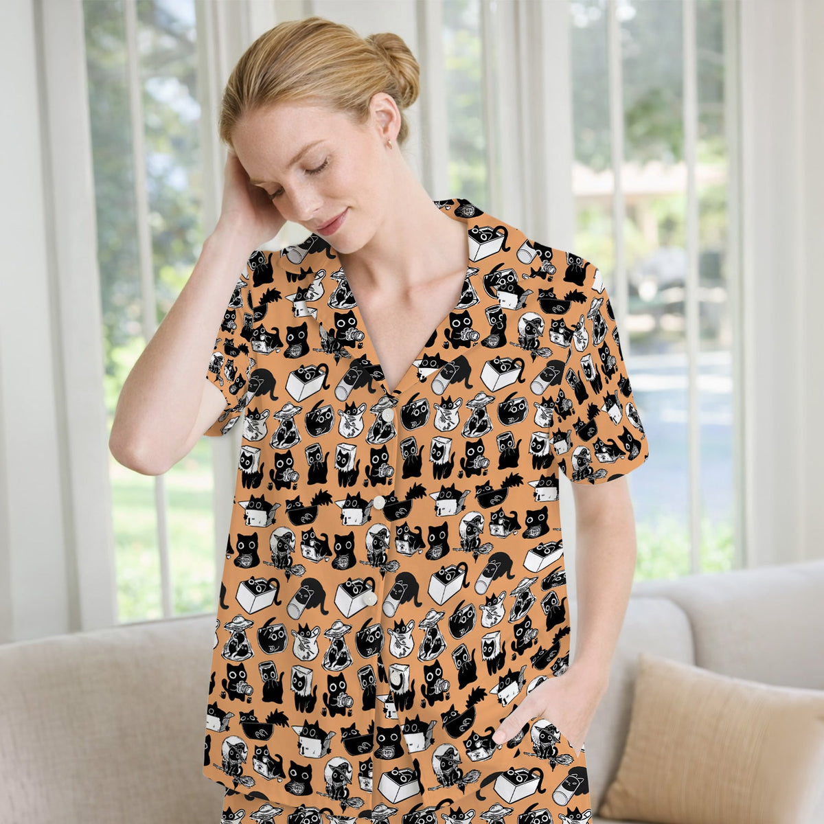 Black Cat Halloween Doodle Pajama Set