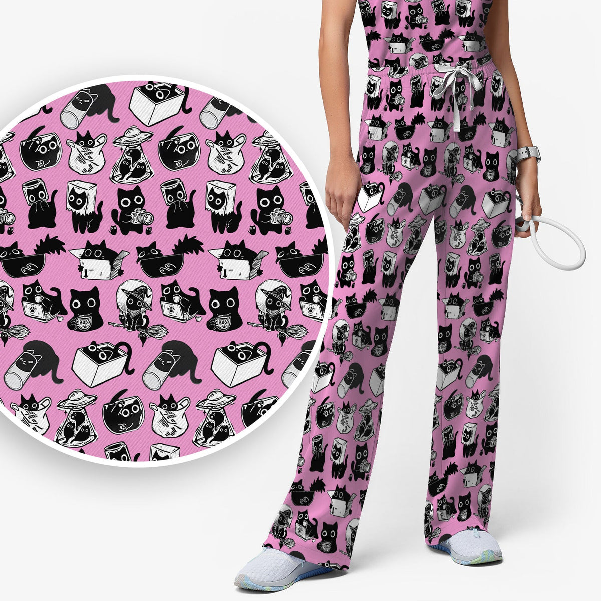 Black Cat Halloween Doodle Nurse Scrub Set
