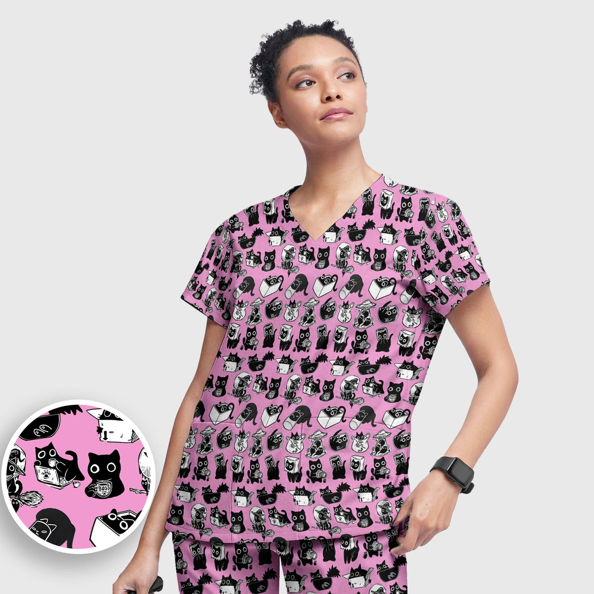 Black Cat Halloween Doodle Nurse Scrub Set