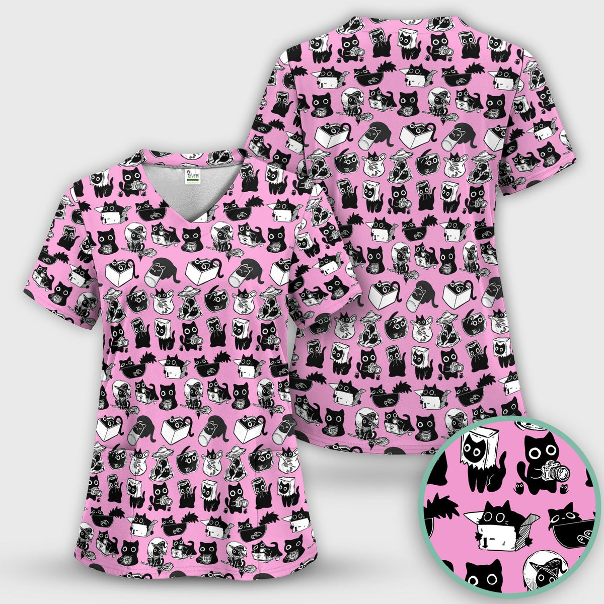 Black Cat Halloween Doodle Nurse Scrub Set