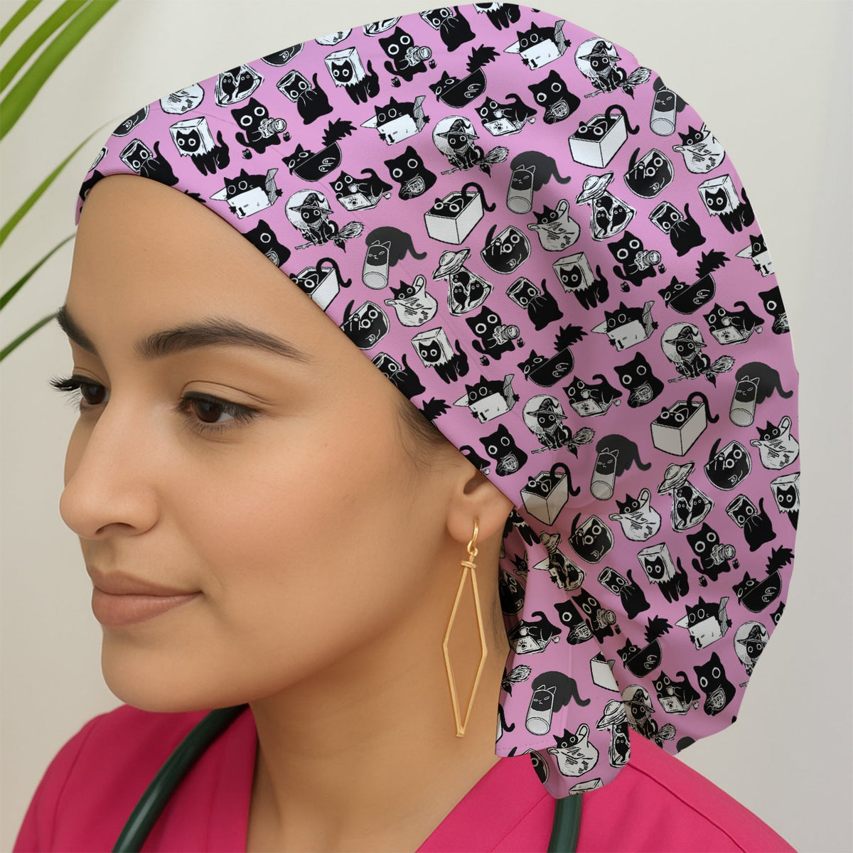Black Cat Halloween Doodle Scrub Cap